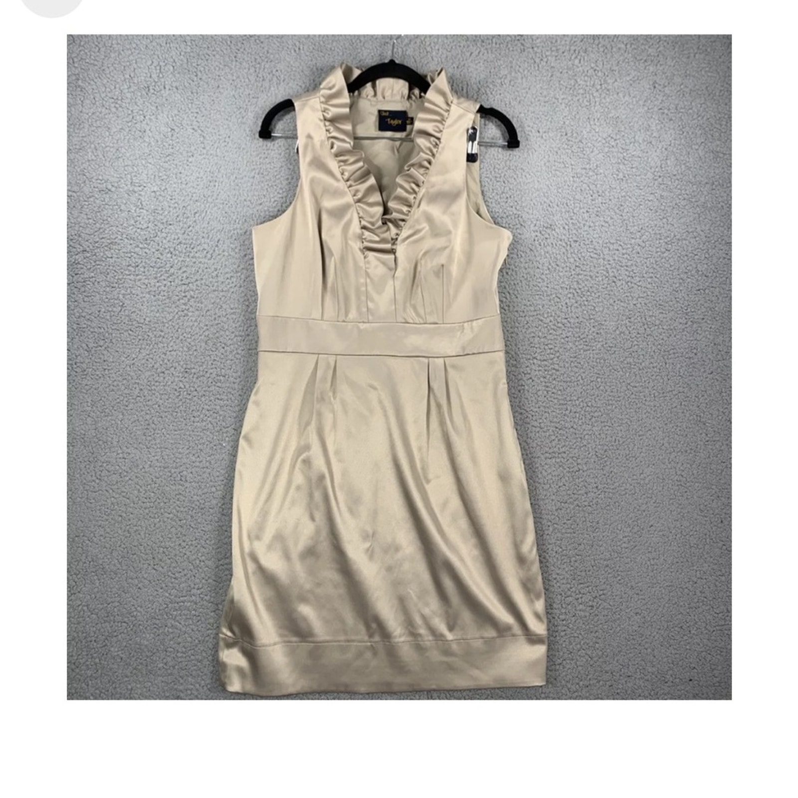 Just Taylor Dress 6 Ruffle Neck Satin Sheath Pencil Evening Cocktail Old Gold